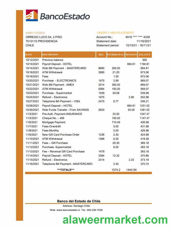 Chile Banco del Estado de Chile bank statement easy to fill template in .xls and .pdf file format